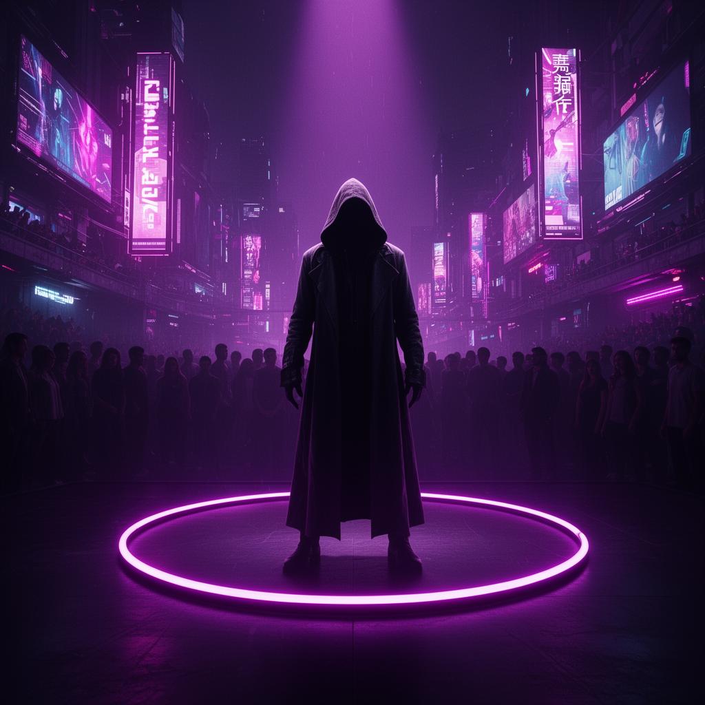 DARE arena: hooded figure in neon purple ring